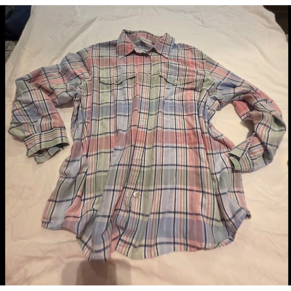 Alfred Dunner Pastel Plaid Button Down Shirt Long Sleeve Pink Blue Green Pockets